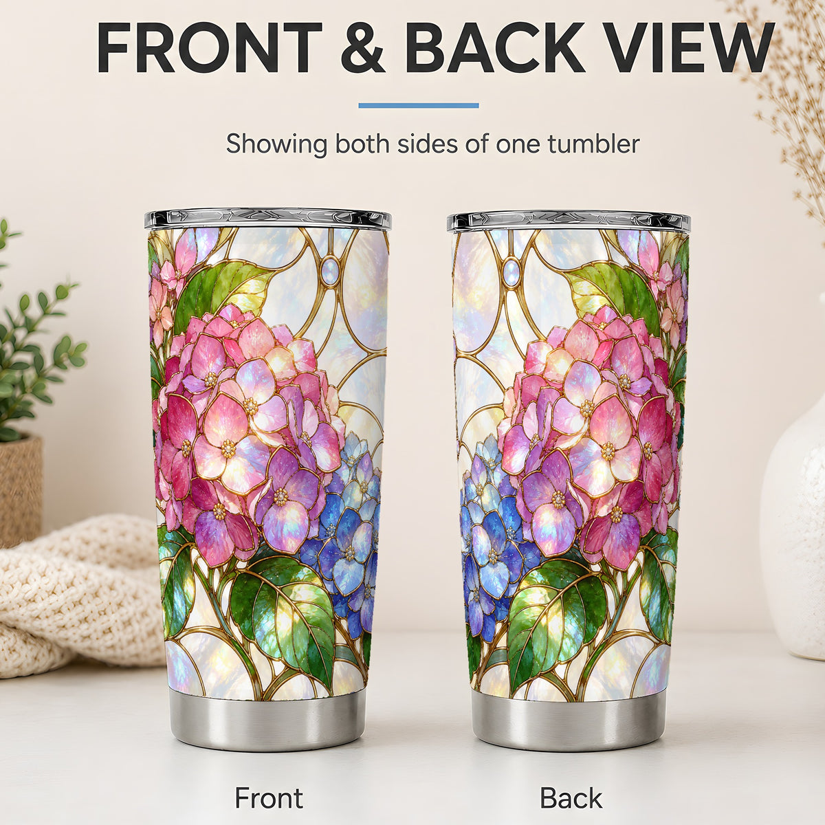 #pl[20oz|Steel] Stained Glass Style Hydrangea 20oz Tumbler, Stainless Steel Drinkware