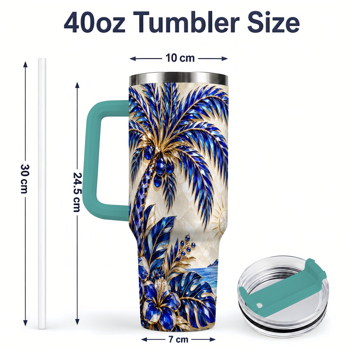 #pl[40oz|Green] Blue Palm Tropical 40oz Tumbler, Floral Coastal Artwork for Daily Use