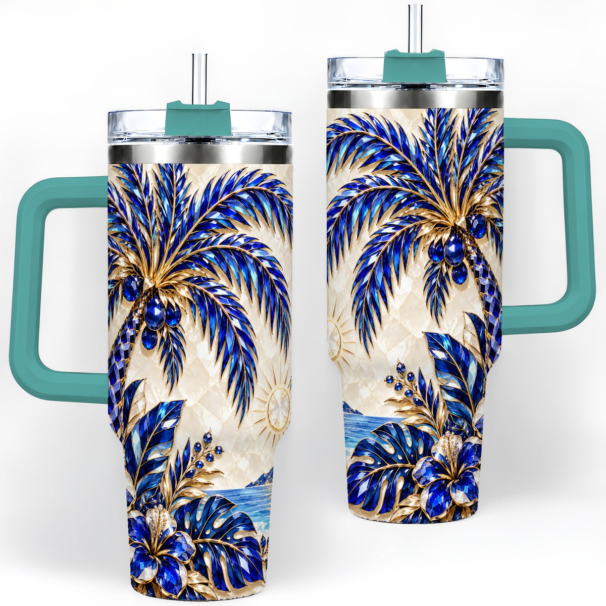 #pl[40oz|Green] Blue Palm Tropical 40oz Tumbler, Floral Coastal Artwork for Daily Use