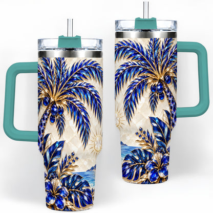 #pl[40oz|Green] Blue Palm Tropical 40oz Tumbler, Floral Coastal Artwork for Daily Use
