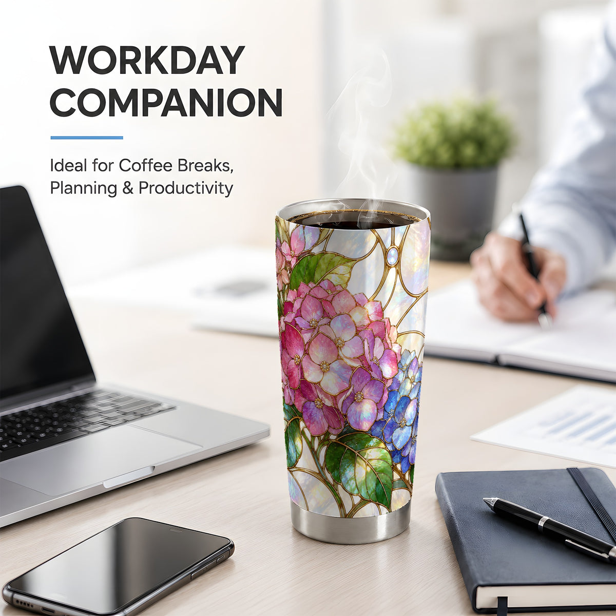Stained Glass Style Hydrangea 20oz Tumbler, Stainless Steel Drinkware
