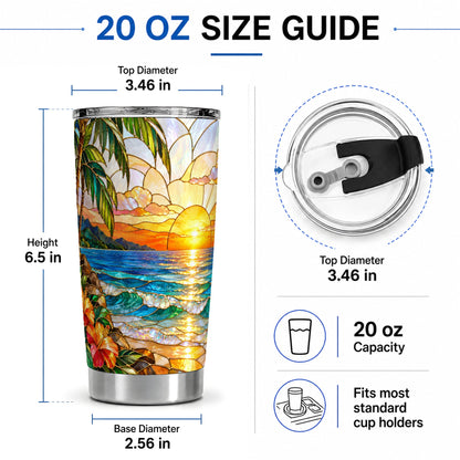 #pl[20oz|Steel] Stained Glass Style Beach Sunset 20oz Tumbler, Stainless Steel Drinkware