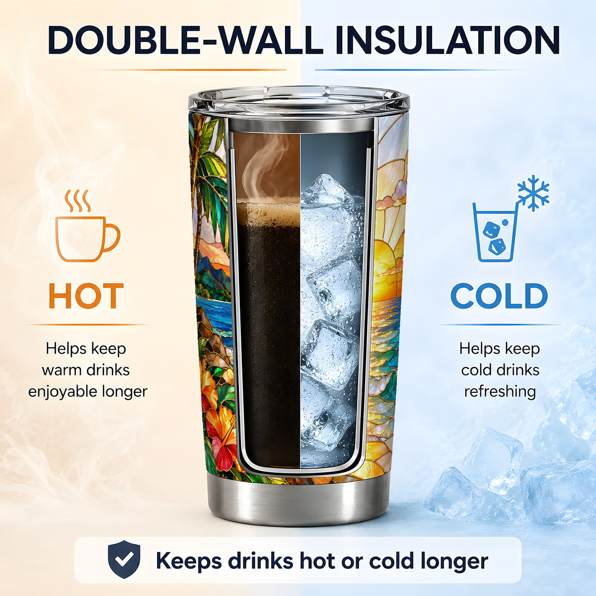 Stained Glass Style Beach Sunset 20oz Tumbler, Stainless Steel Drinkware