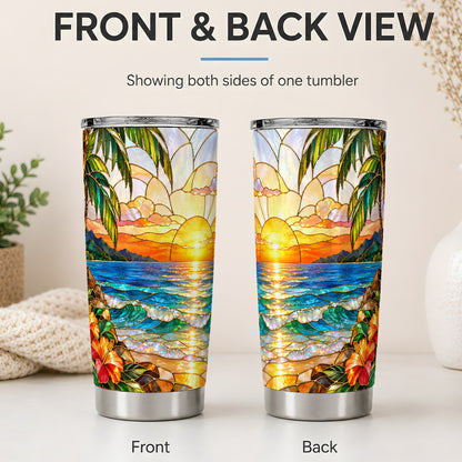 #pl[20oz|Steel] Stained Glass Style Beach Sunset 20oz Tumbler, Stainless Steel Drinkware