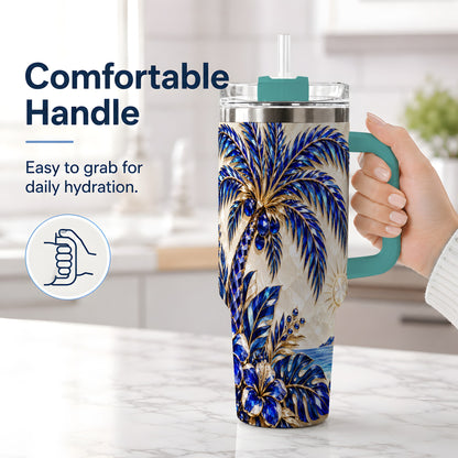 #pl[40oz|Green] Blue Palm Tropical 40oz Tumbler, Floral Coastal Artwork for Daily Use