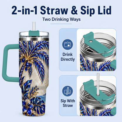 #pl[40oz|Green] Blue Palm Tropical 40oz Tumbler, Floral Coastal Artwork for Daily Use