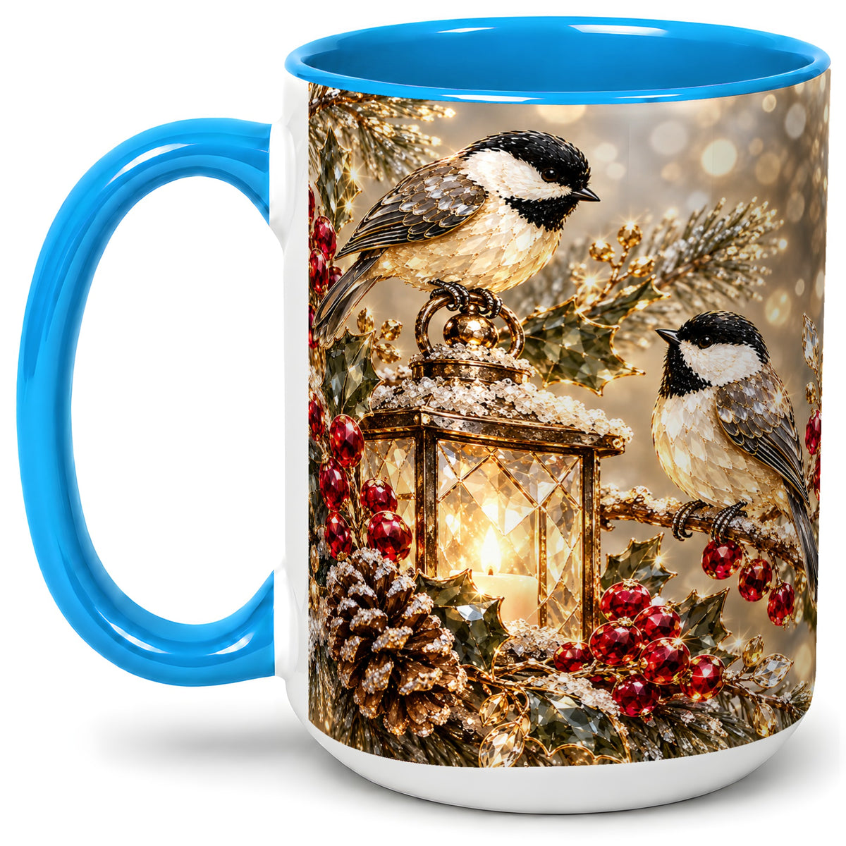#pl[15oz|Blue] Winter Chickadee Ceramic Mug, Lantern and Red Berry Artwork