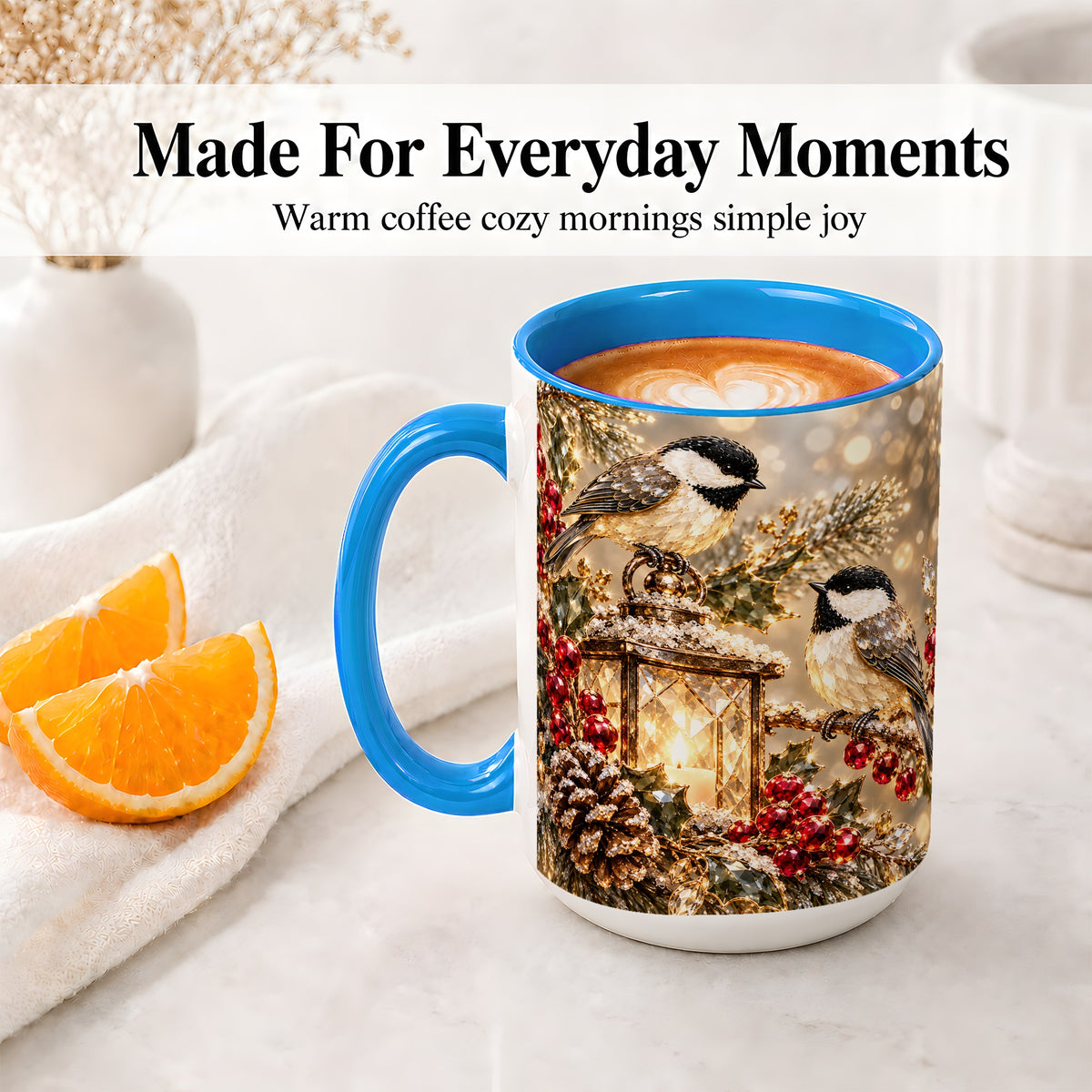 #pl[15oz|Blue] Winter Chickadee Ceramic Mug, Lantern and Red Berry Artwork