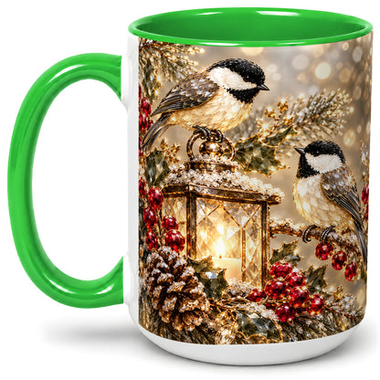 #pl[15oz|Green] Winter Chickadee Ceramic Mug, Lantern and Red Berry Artwork