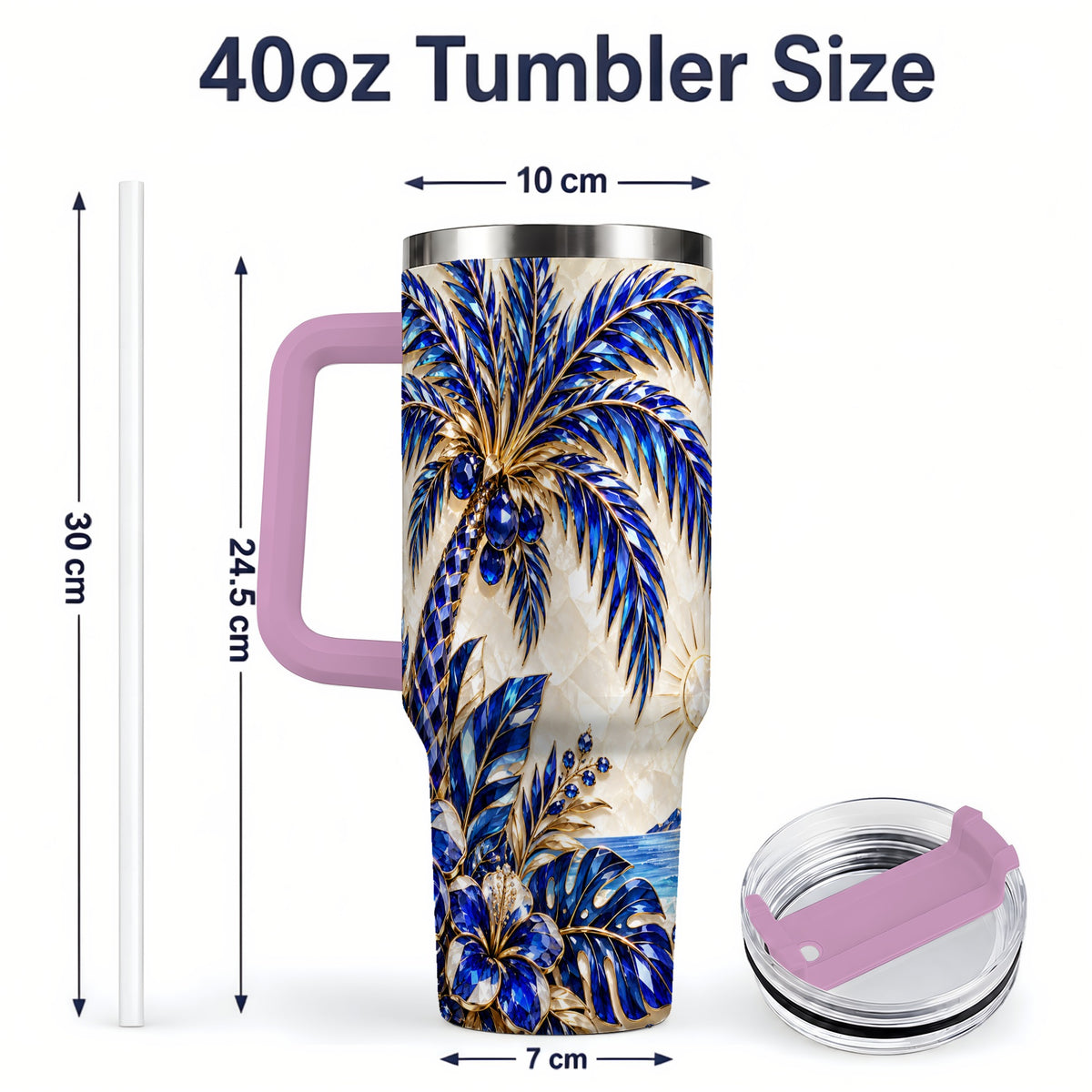 #pl[40oz|Pink] Blue Palm Tropical 40oz Tumbler, Floral Coastal Artwork for Daily Use