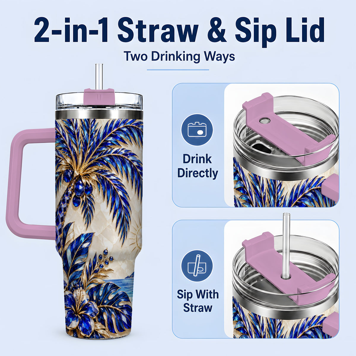 #pl[40oz|Pink] Blue Palm Tropical 40oz Tumbler, Floral Coastal Artwork for Daily Use