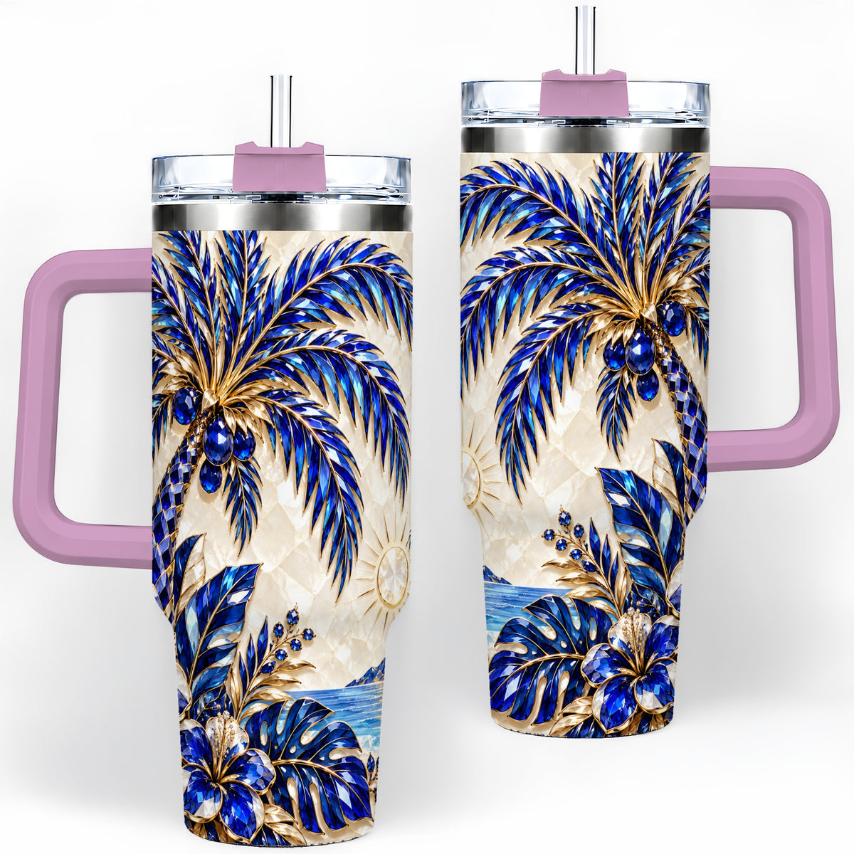 #pl[40oz|Pink] Blue Palm Tropical 40oz Tumbler, Floral Coastal Artwork for Daily Use