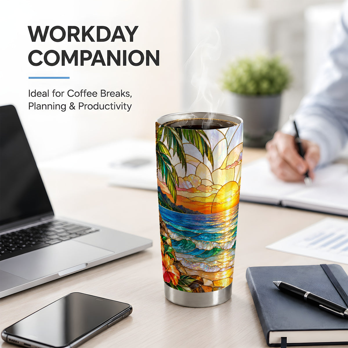 Stained Glass Style Beach Sunset 20oz Tumbler, Stainless Steel Drinkware