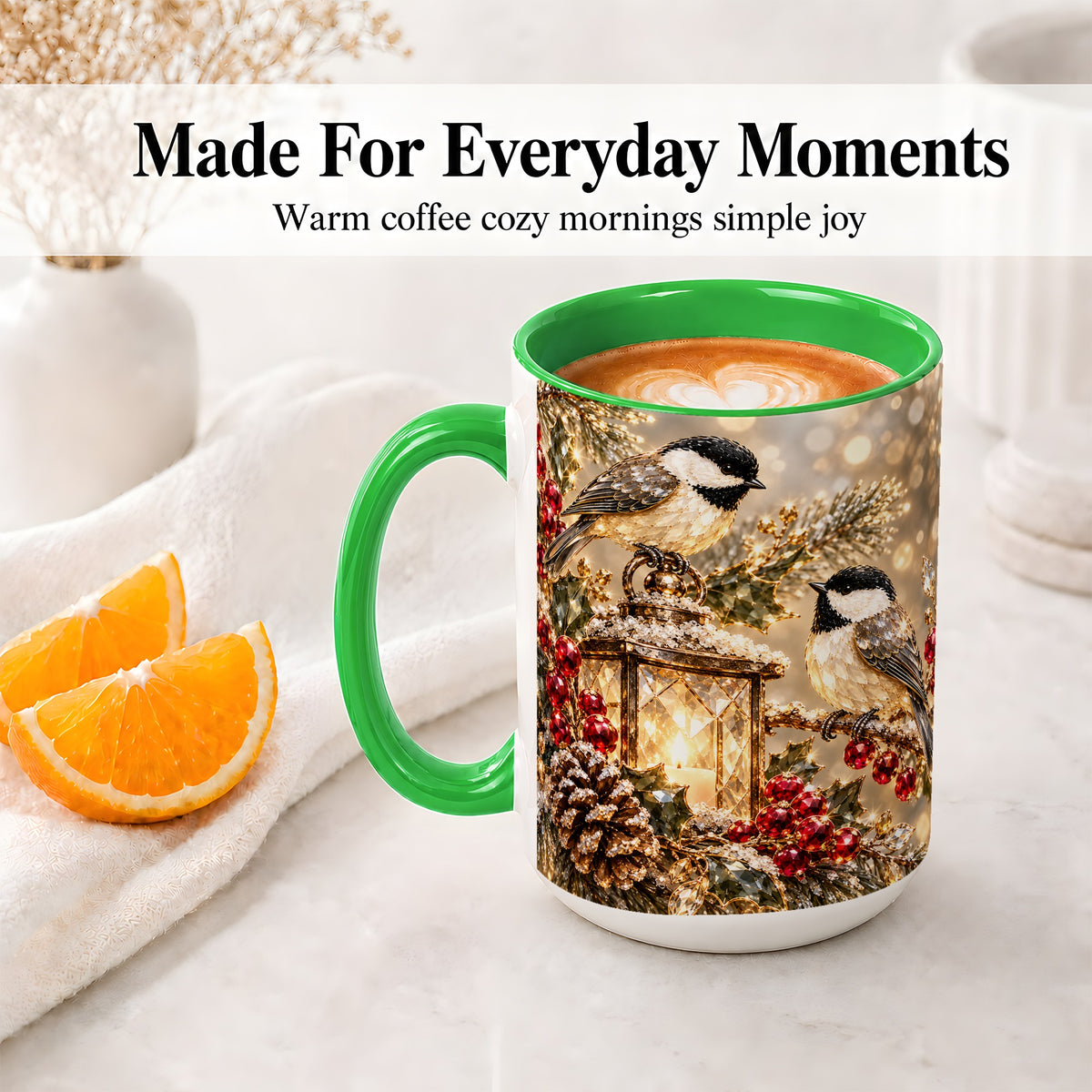 #pl[15oz|Green] Winter Chickadee Ceramic Mug, Lantern and Red Berry Artwork