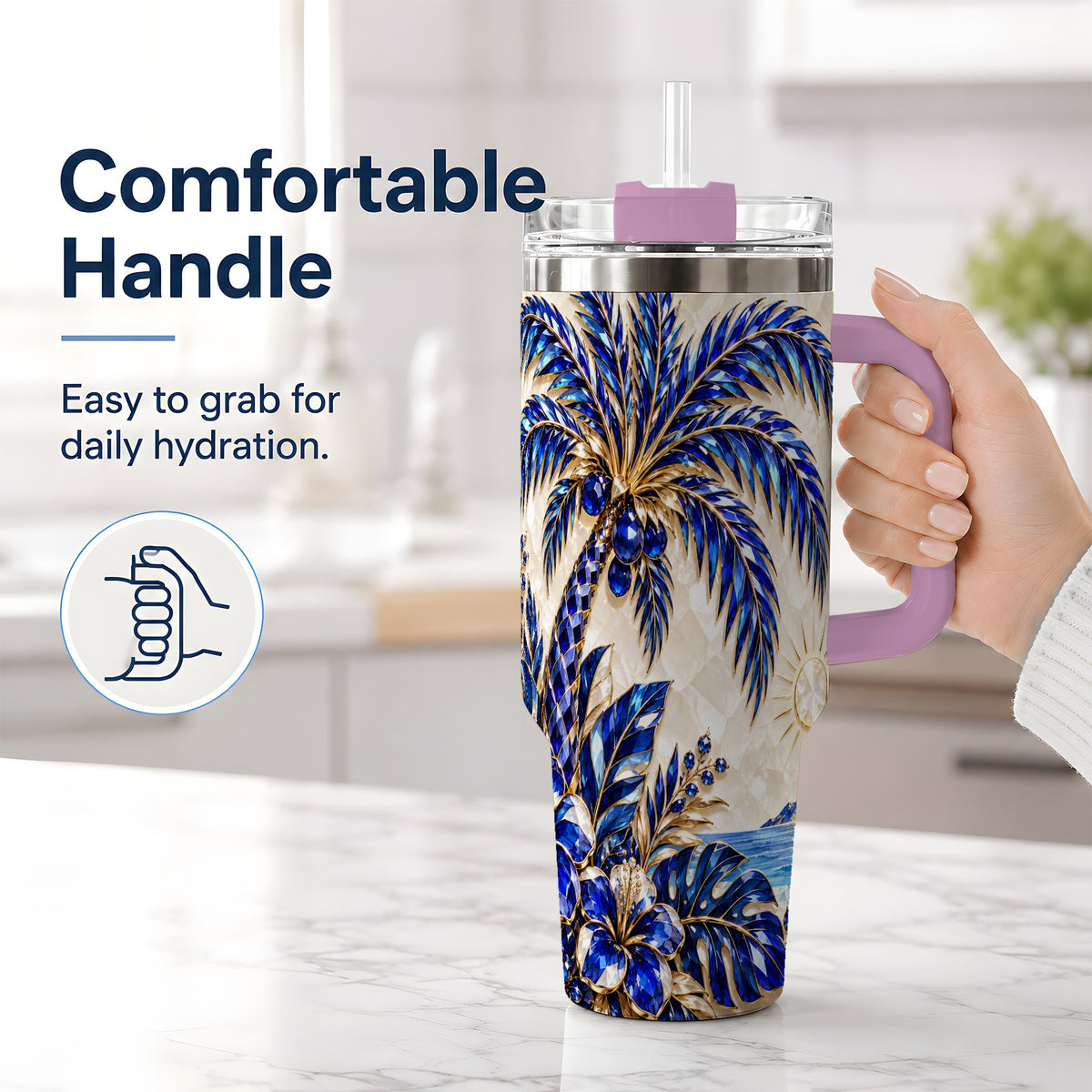 #pl[40oz|Pink] Blue Palm Tropical 40oz Tumbler, Floral Coastal Artwork for Daily Use