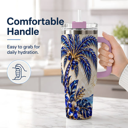 #pl[40oz|Pink] Blue Palm Tropical 40oz Tumbler, Floral Coastal Artwork for Daily Use