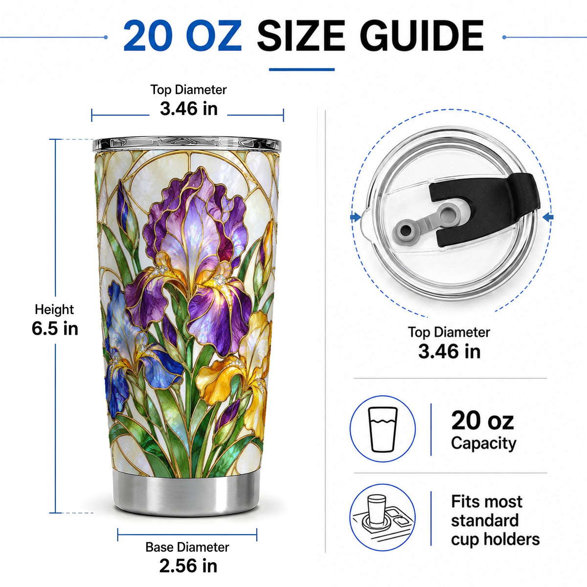#pl[20oz|Steel] Stained Glass Style Iris 20oz Tumbler, Stainless Steel Drinkware
