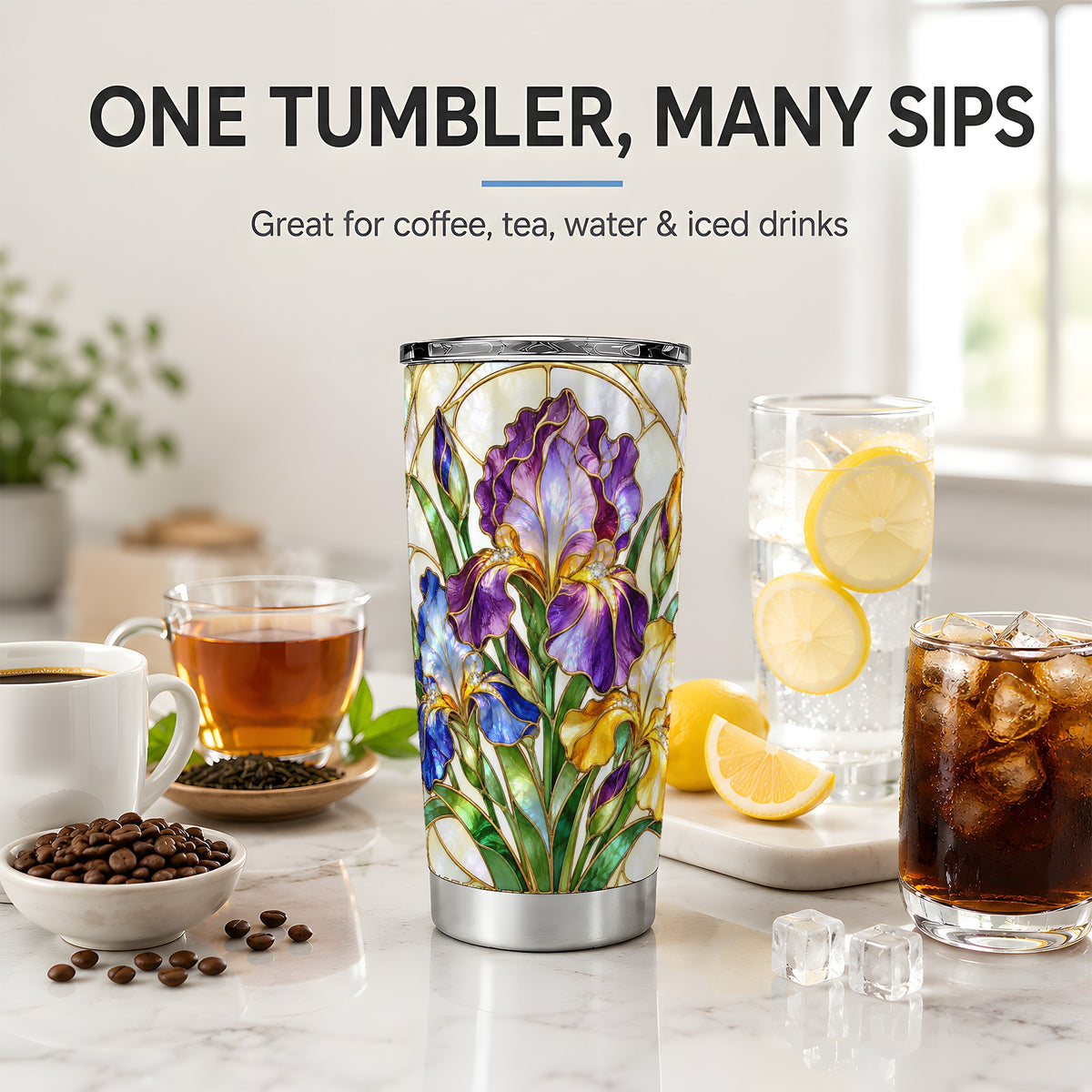 Stained Glass Style Iris 20oz Tumbler, Stainless Steel Drinkware