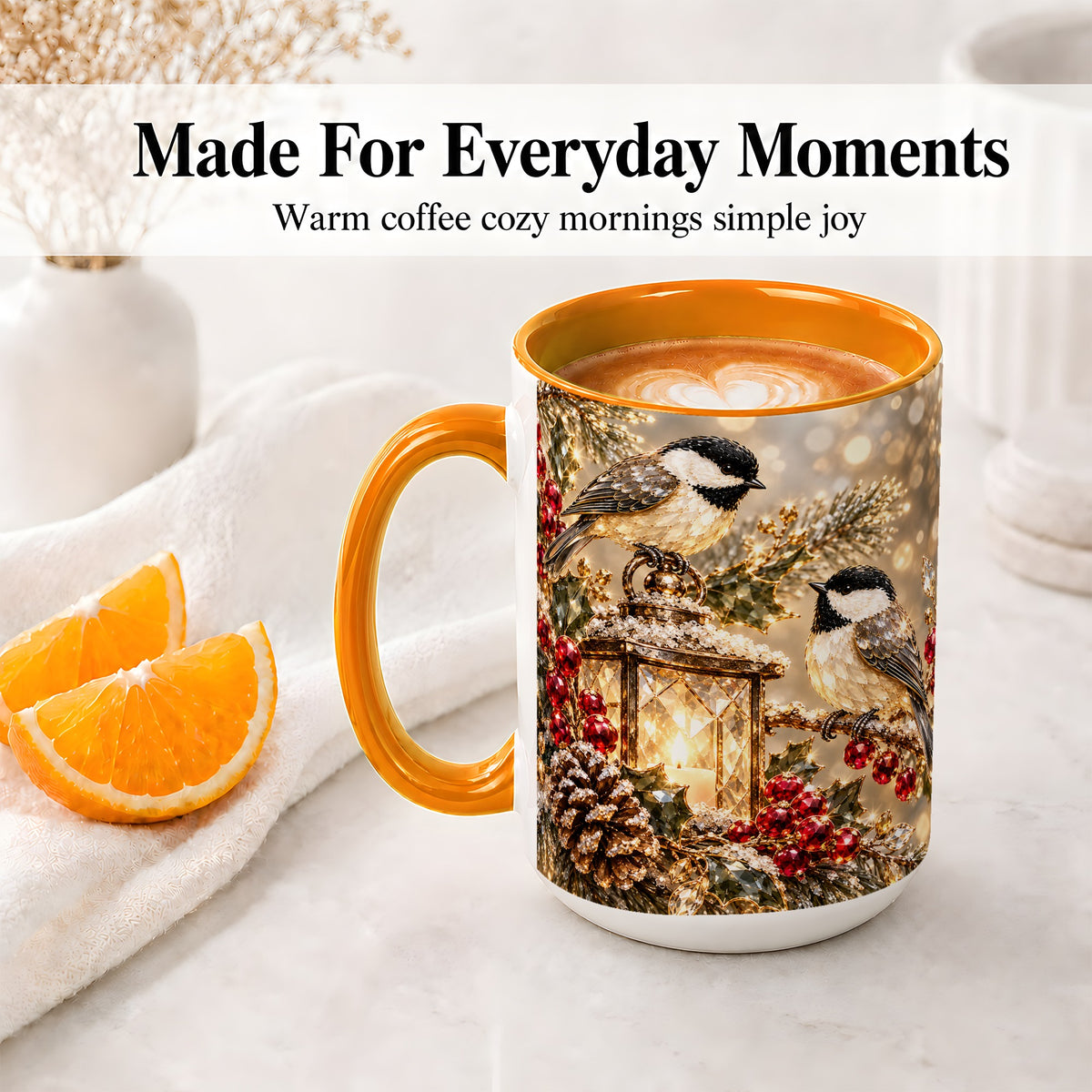 #pl[15oz|Orange] Winter Chickadee Ceramic Mug, Lantern and Red Berry Artwork
