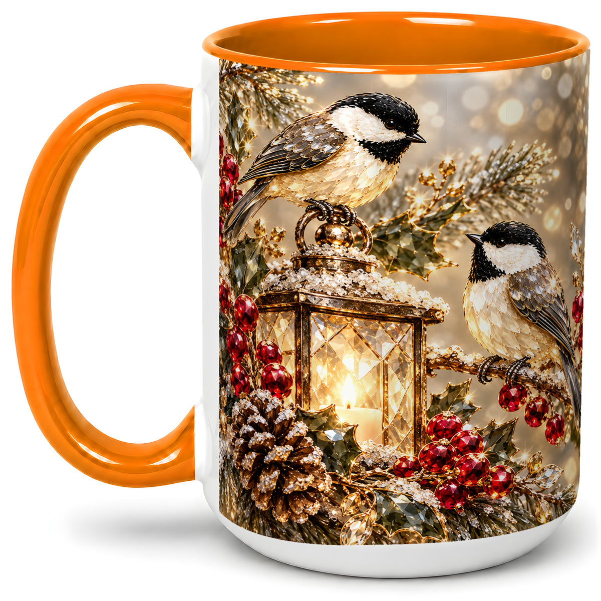 #pl[15oz|Orange] Winter Chickadee Ceramic Mug, Lantern and Red Berry Artwork