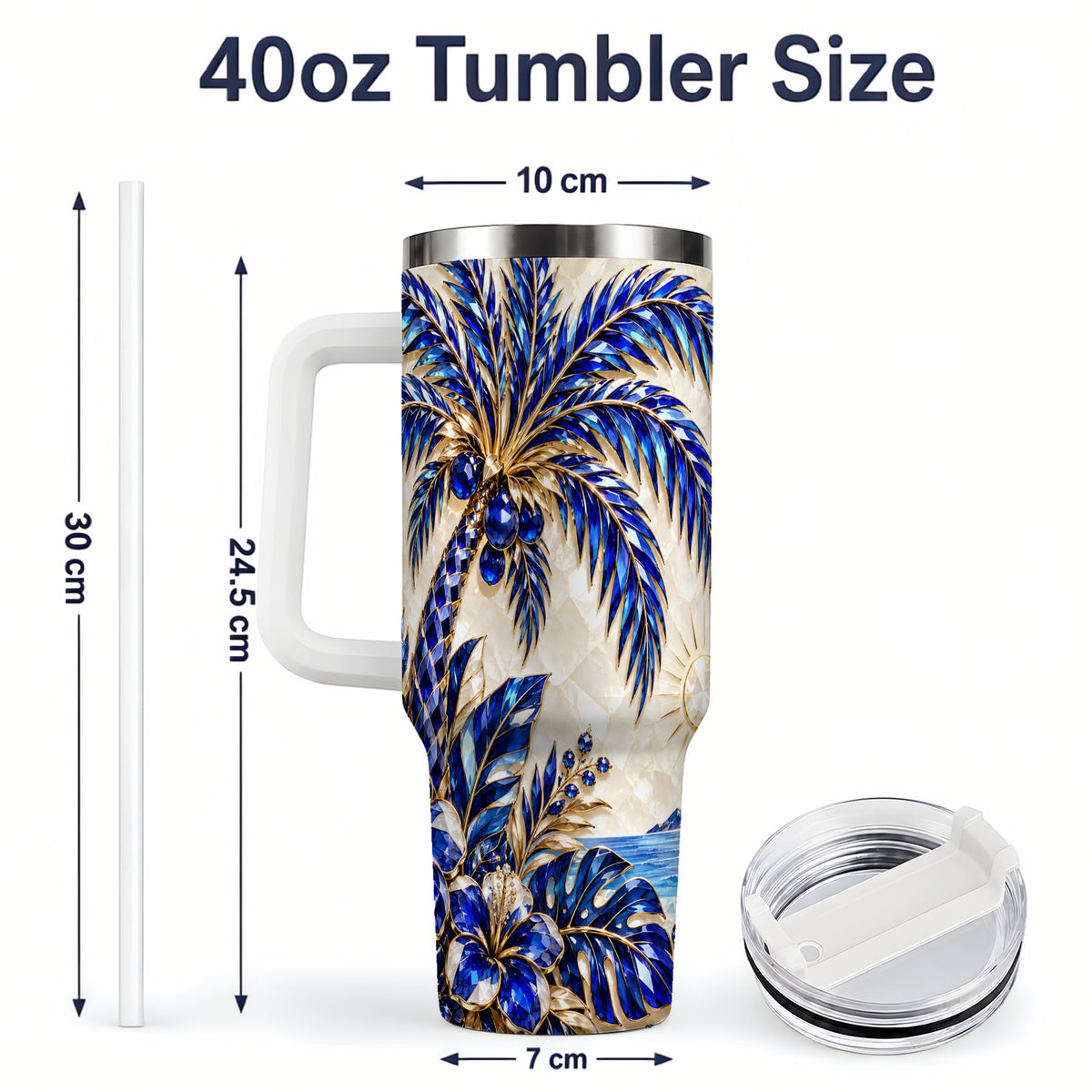 #pl[40oz|White] Blue Palm Tropical 40oz Tumbler, Floral Coastal Artwork for Daily Use