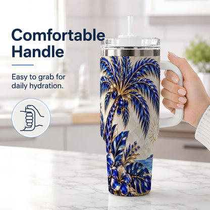 #pl[40oz|White] Blue Palm Tropical 40oz Tumbler, Floral Coastal Artwork for Daily Use