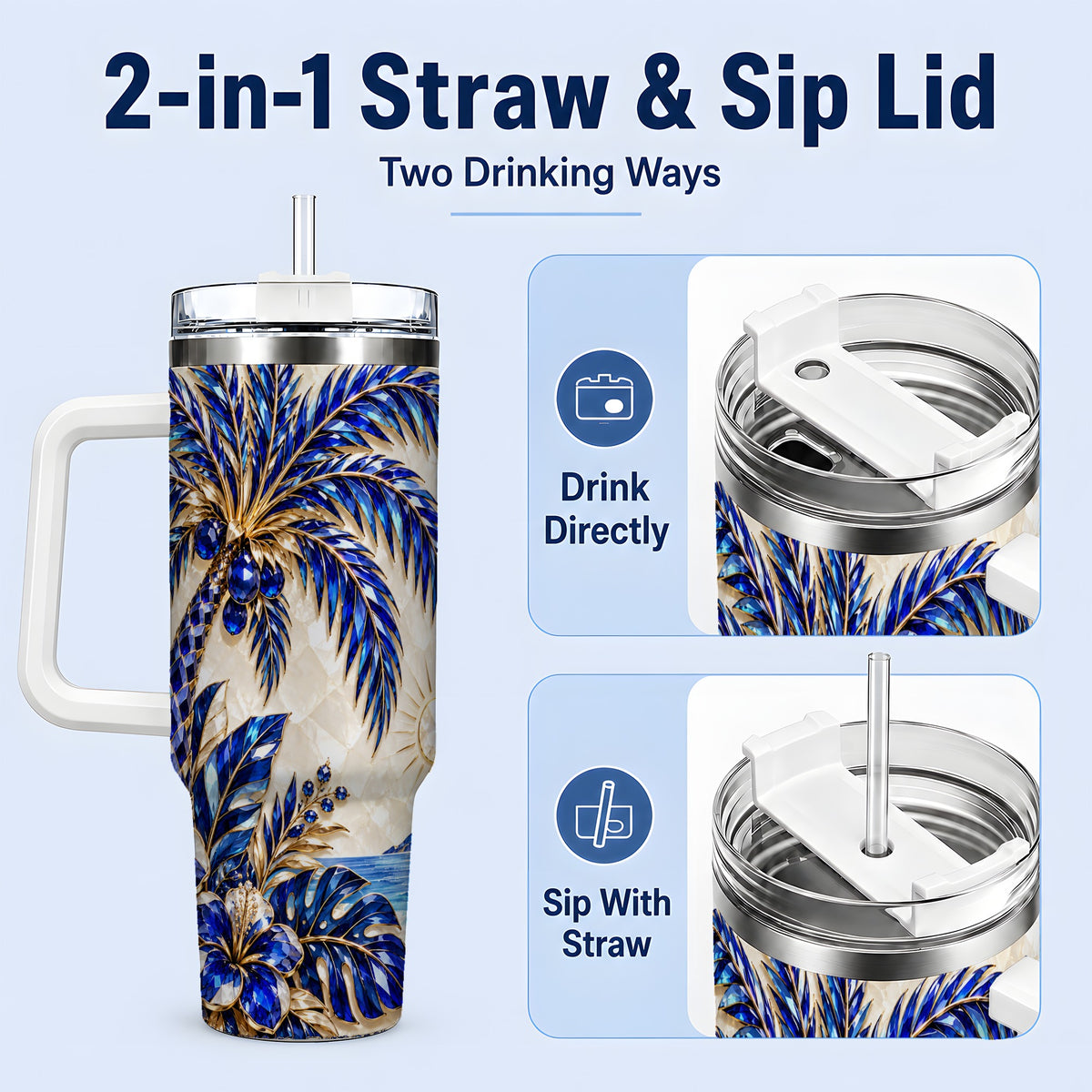 #pl[40oz|White] Blue Palm Tropical 40oz Tumbler, Floral Coastal Artwork for Daily Use