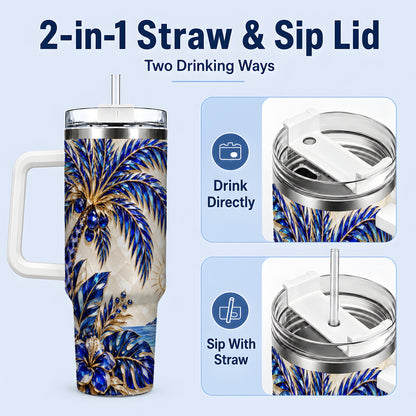 #pl[40oz|White] Blue Palm Tropical 40oz Tumbler, Floral Coastal Artwork for Daily Use