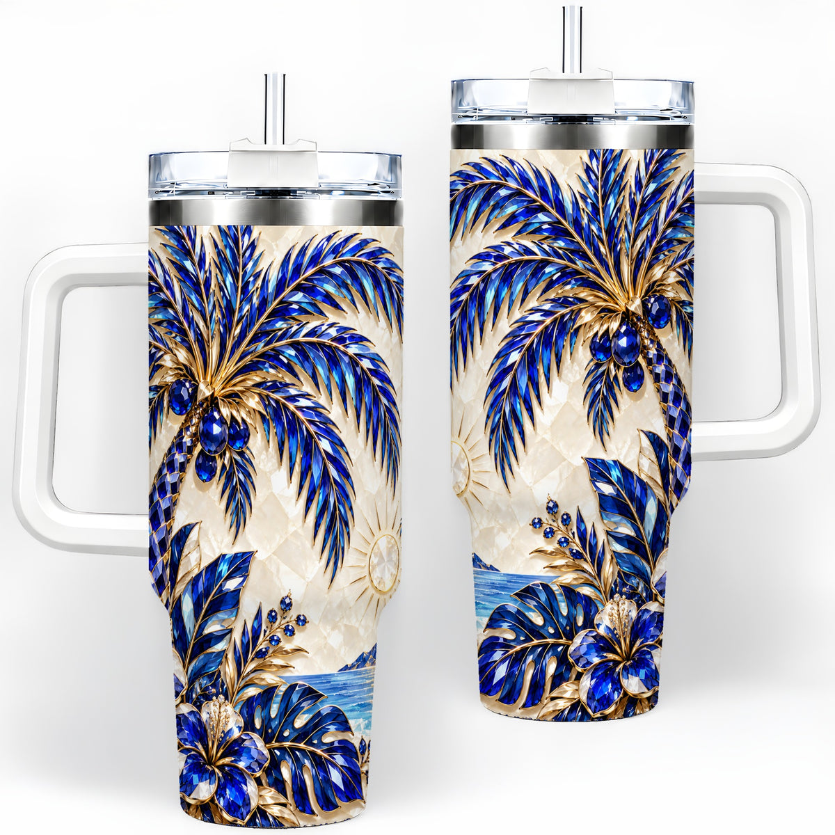 Blue Palm Tropical 40oz Tumbler, Floral Coastal Artwork for Daily Use