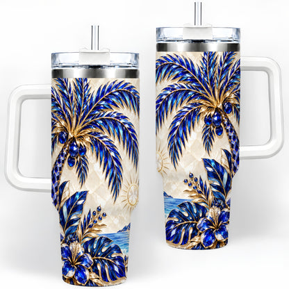 Blue Palm Tropical 40oz Tumbler, Floral Coastal Artwork for Daily Use