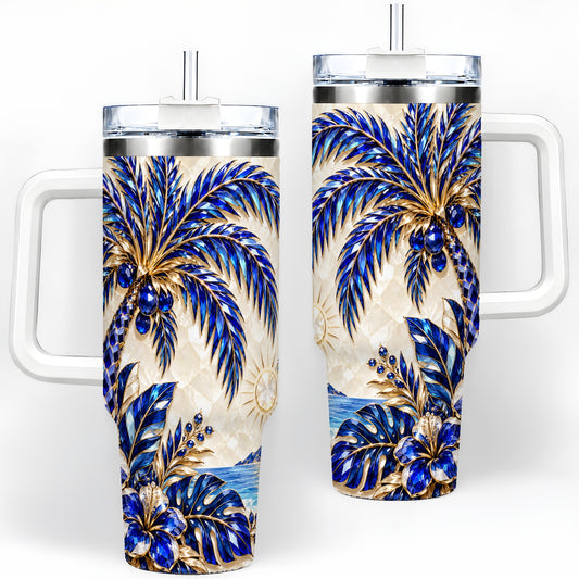 Blue Palm Tropical 40oz Tumbler, Floral Coastal Artwork for Daily Use