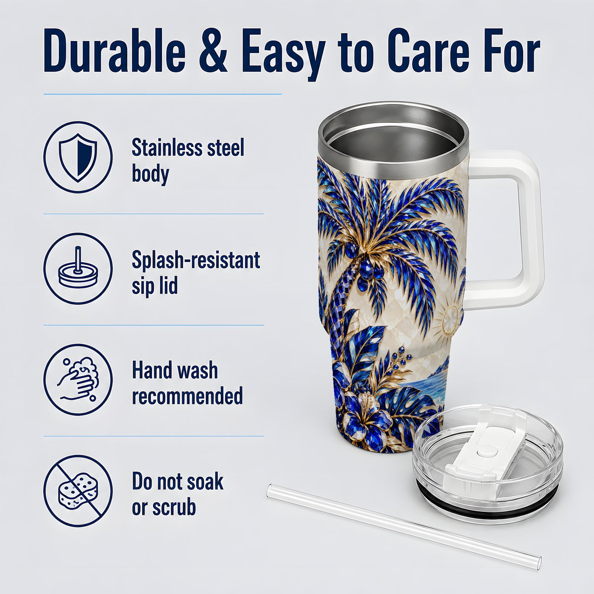 Blue Palm Tropical 40oz Tumbler, Floral Coastal Artwork for Daily Use