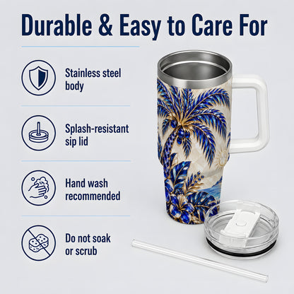 Blue Palm Tropical 40oz Tumbler, Floral Coastal Artwork for Daily Use