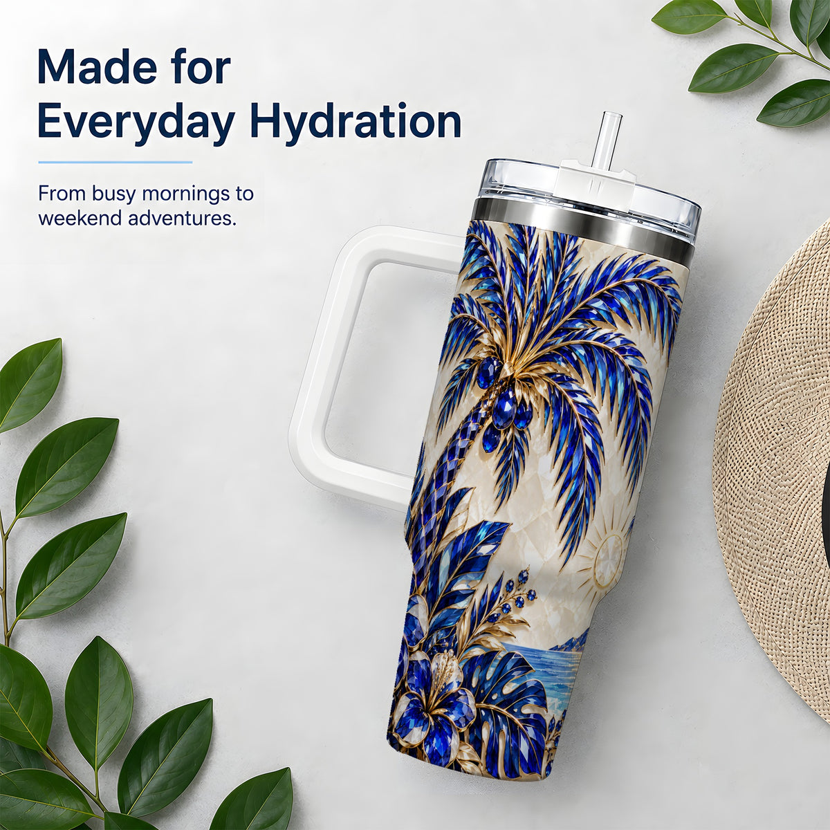 Blue Palm Tropical 40oz Tumbler, Floral Coastal Artwork for Daily Use