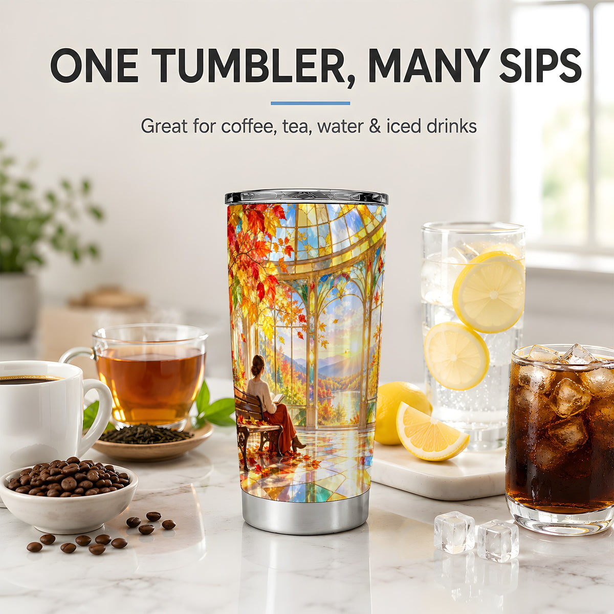 Autumn Reading Scene 20oz Tumbler, Stainless Steel Fall Drinkware