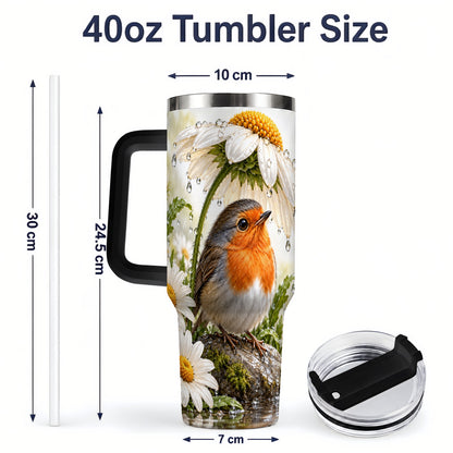 #pl[40oz|Black] Robin Daisy 40oz Tumbler, Rainy Garden Bird Artwork for Daily Use