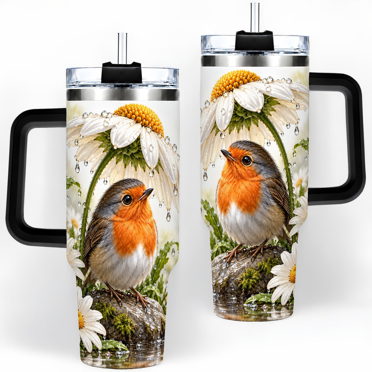 #pl[40oz|Black] Robin Daisy 40oz Tumbler, Rainy Garden Bird Artwork for Daily Use