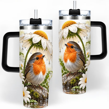 #pl[40oz|Black] Robin Daisy 40oz Tumbler, Rainy Garden Bird Artwork for Daily Use