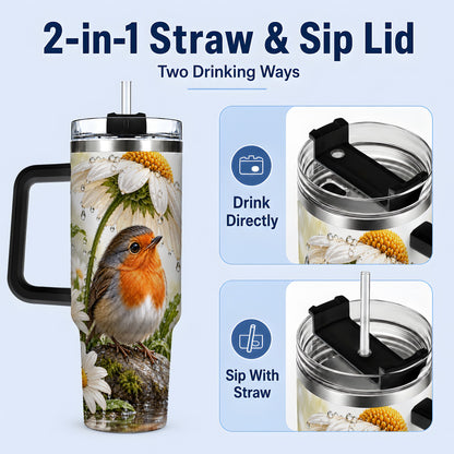 #pl[40oz|Black] Robin Daisy 40oz Tumbler, Rainy Garden Bird Artwork for Daily Use