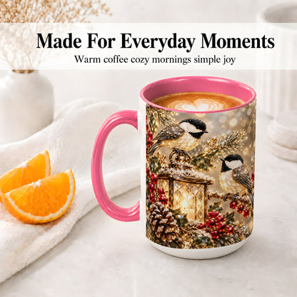 #pl[15oz|Pink] Winter Chickadee Ceramic Mug, Lantern and Red Berry Artwork