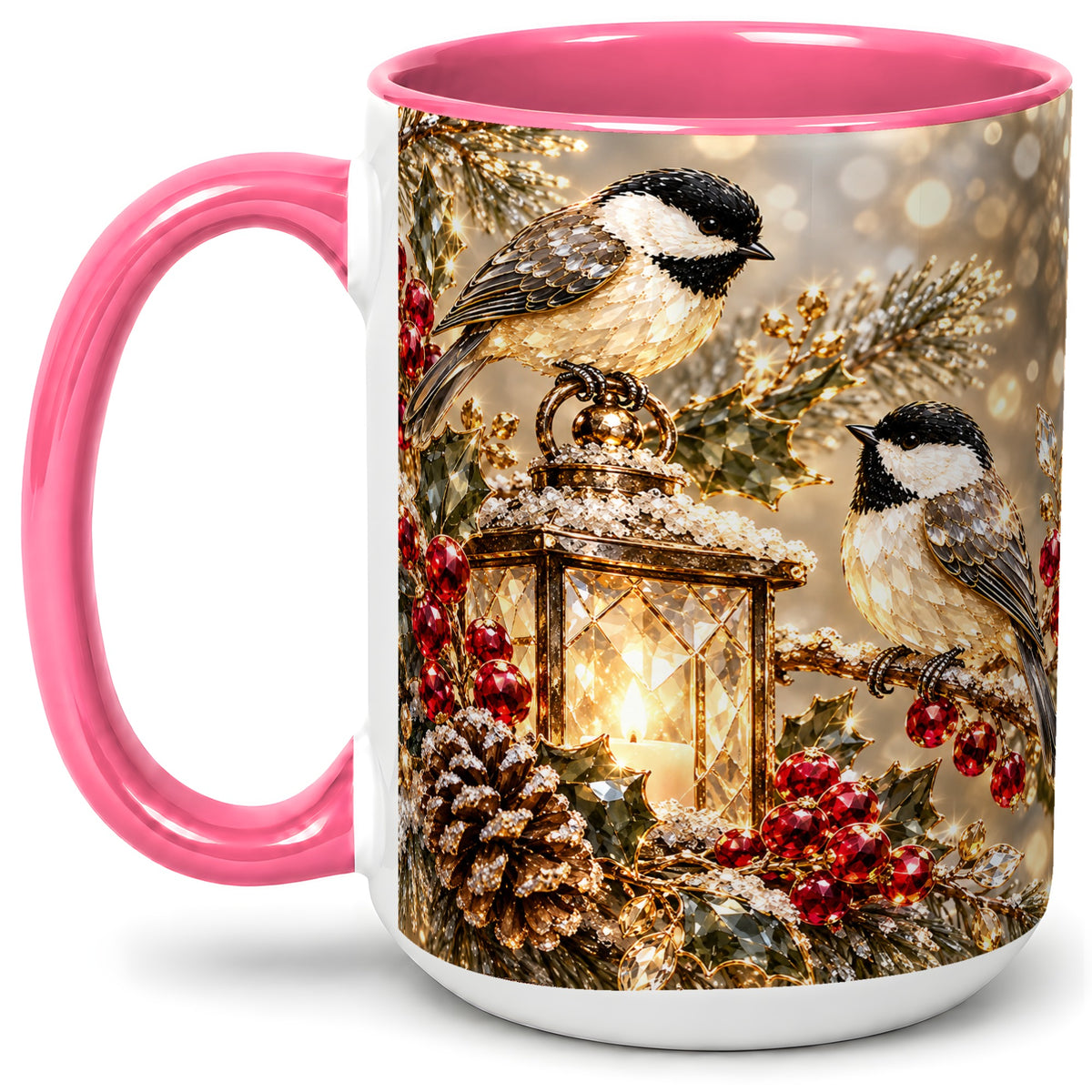 #pl[15oz|Pink] Winter Chickadee Ceramic Mug, Lantern and Red Berry Artwork