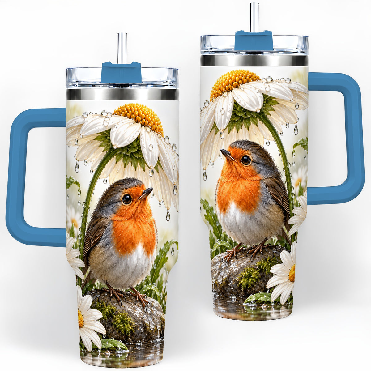 #pl[40oz|Blue] Robin Daisy 40oz Tumbler, Rainy Garden Bird Artwork for Daily Use
