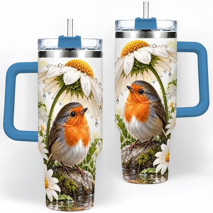 #pl[40oz|Blue] Robin Daisy 40oz Tumbler, Rainy Garden Bird Artwork for Daily Use