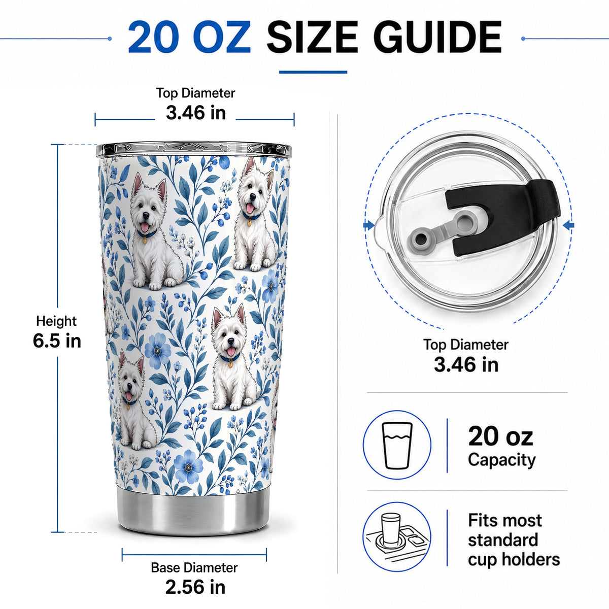#pl[20oz|Steel] White Terrier Blue Floral 20oz Tumbler with Botanical Dog Artwork