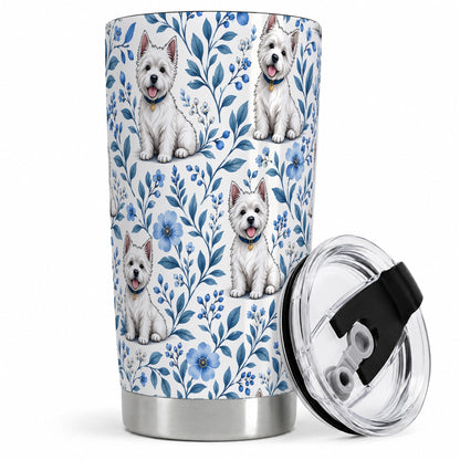 White Terrier Blue Floral 20oz Tumbler with Botanical Dog Artwork