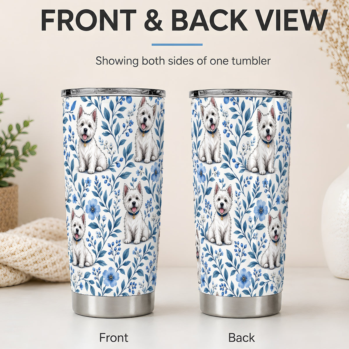 #pl[20oz|Steel] White Terrier Blue Floral 20oz Tumbler with Botanical Dog Artwork