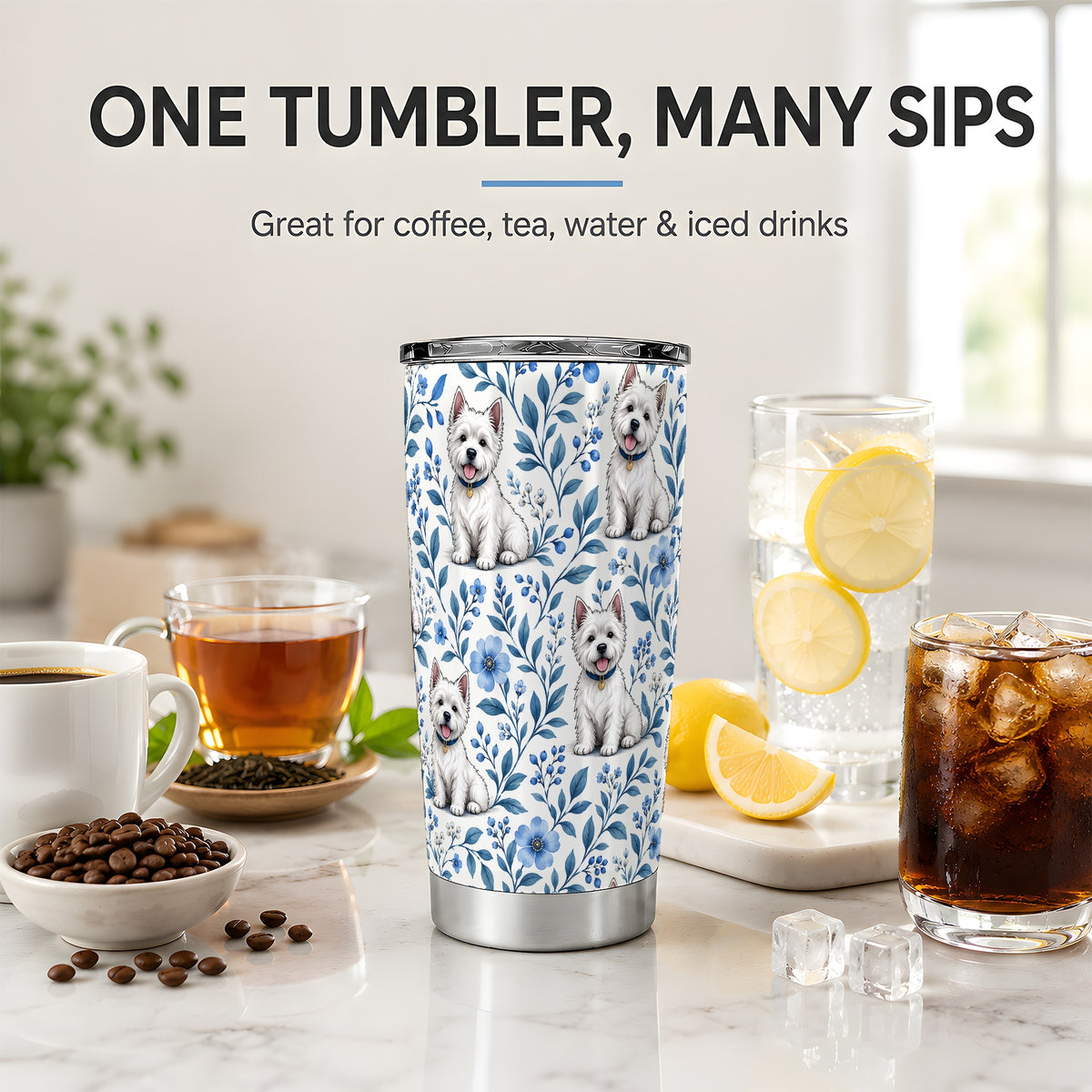 White Terrier Blue Floral 20oz Tumbler with Botanical Dog Artwork