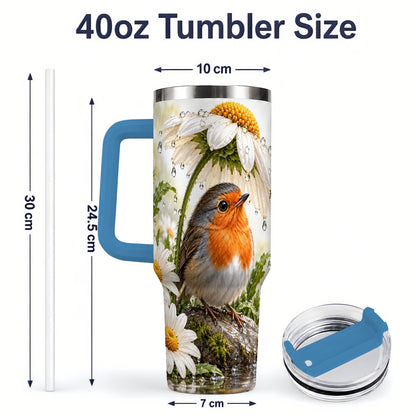 #pl[40oz|Blue] Robin Daisy 40oz Tumbler, Rainy Garden Bird Artwork for Daily Use