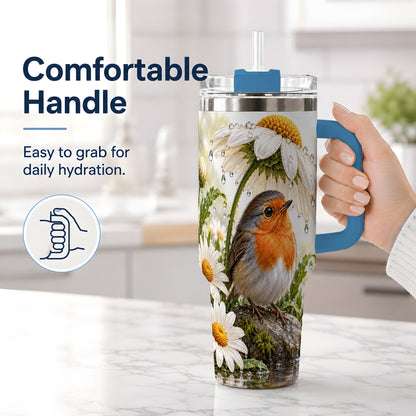 #pl[40oz|Blue] Robin Daisy 40oz Tumbler, Rainy Garden Bird Artwork for Daily Use