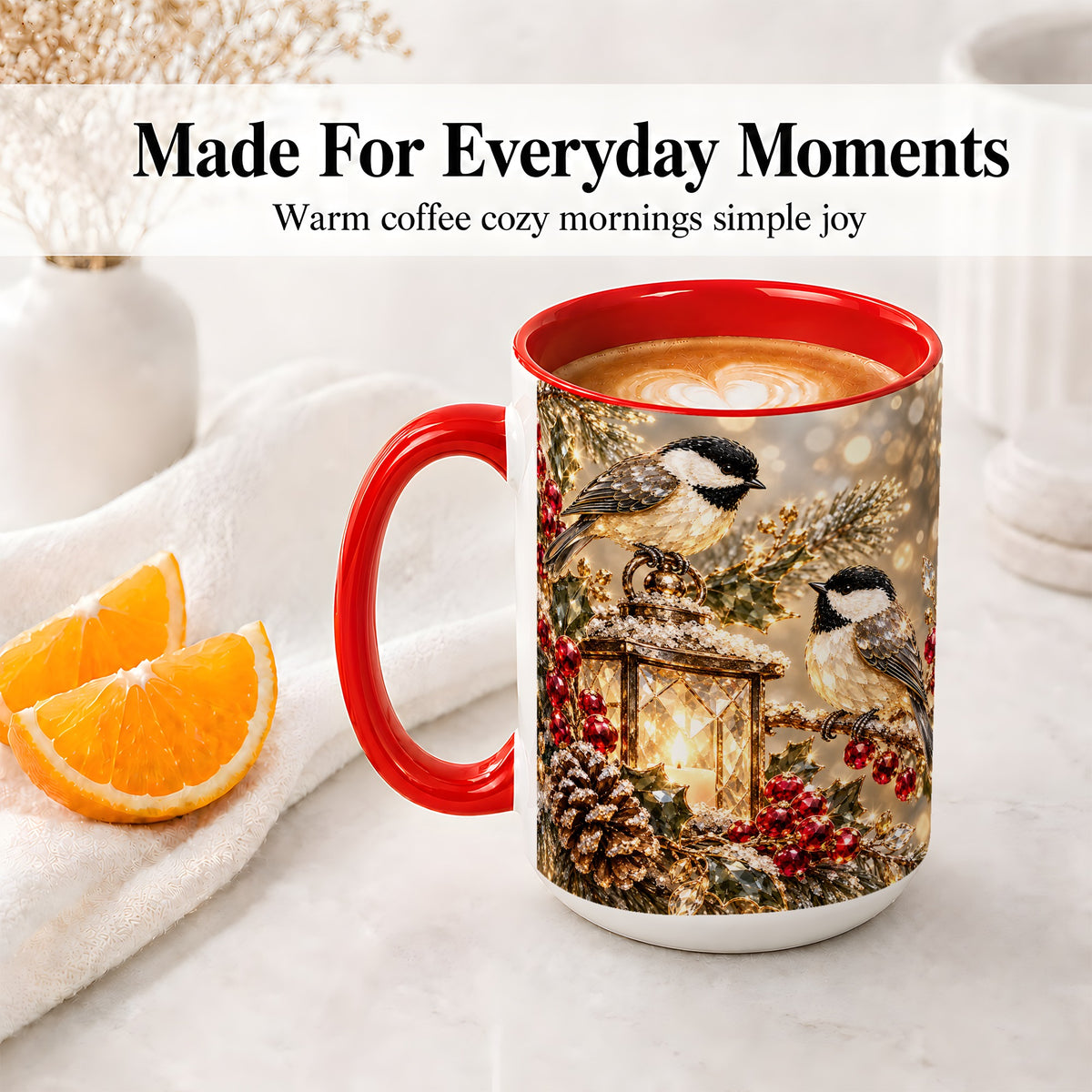 #pl[15oz|Red] Winter Chickadee Ceramic Mug, Lantern and Red Berry Artwork